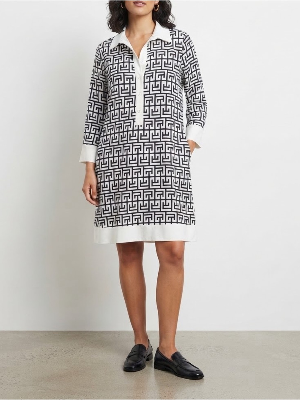 ✨ Uoozee Geometric Maze Print Polo Tunic Dress White Black Plus Size 3X 👗💥❤️